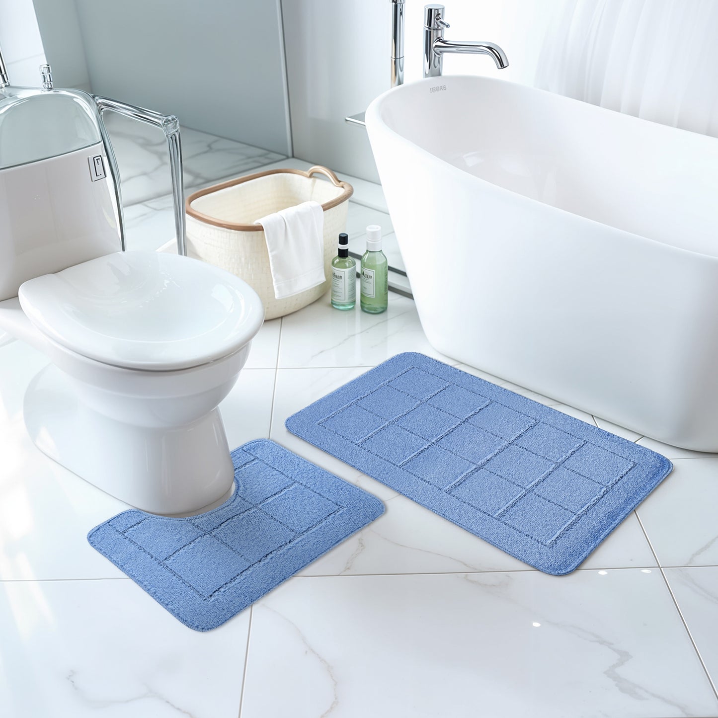 ALENE Set 2 Tapis Salle de Bain et WC I Tapis Antidérapants, Lavables en Machine, Poils Longs, Doux, Séchage Rapide I Bleu