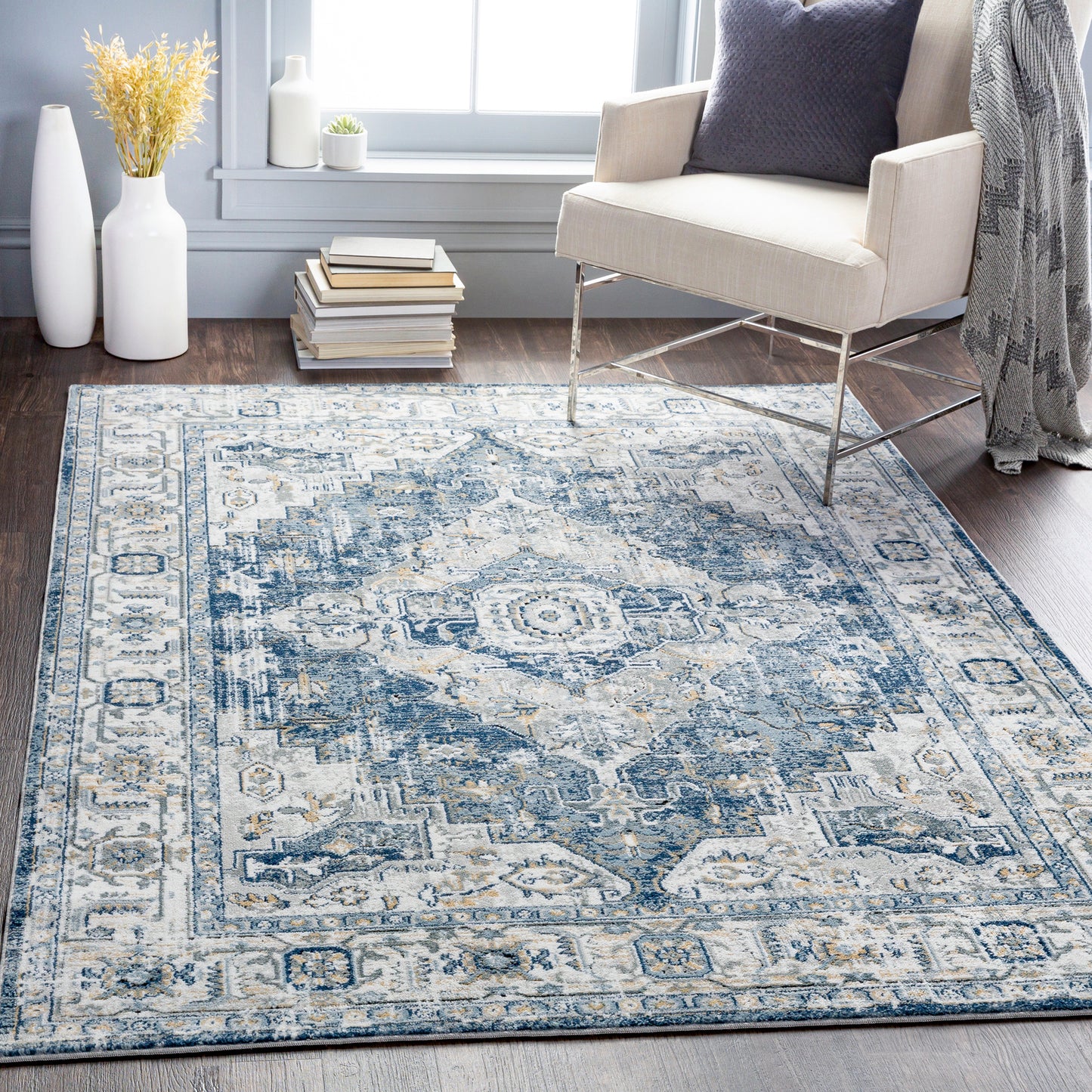 TRICHT Tapis Vintage I Tapis Persan, Salon, Chambre I Tapis Traditionnel Oriental, Poils Courts, Doux, Durable I Bleu, Gris, Ivoire