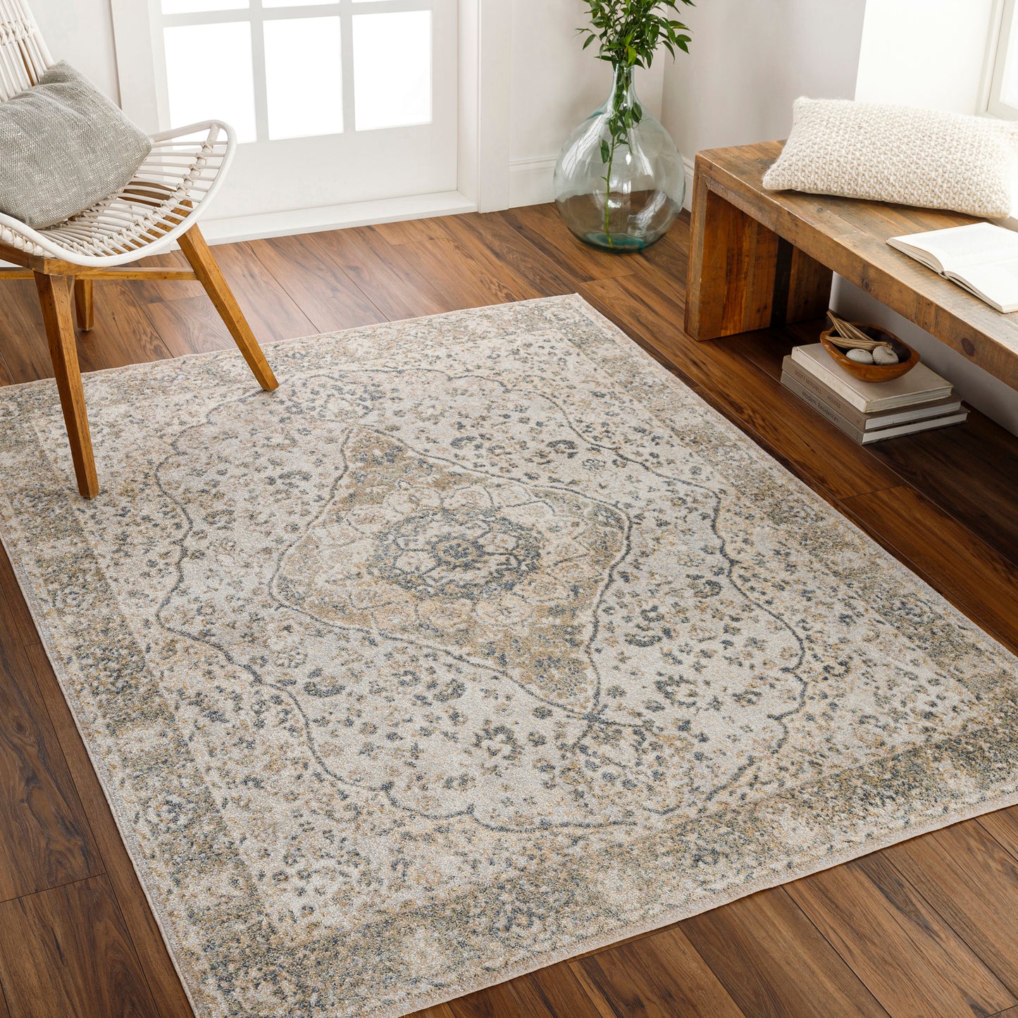 ELLINWOOD Tapis Lavable en Machine I Tapis Persan, Salon, Cuisine I Tapis Vintage Oriental, Poils Courts, Doux, Durable I Beige, Bleu