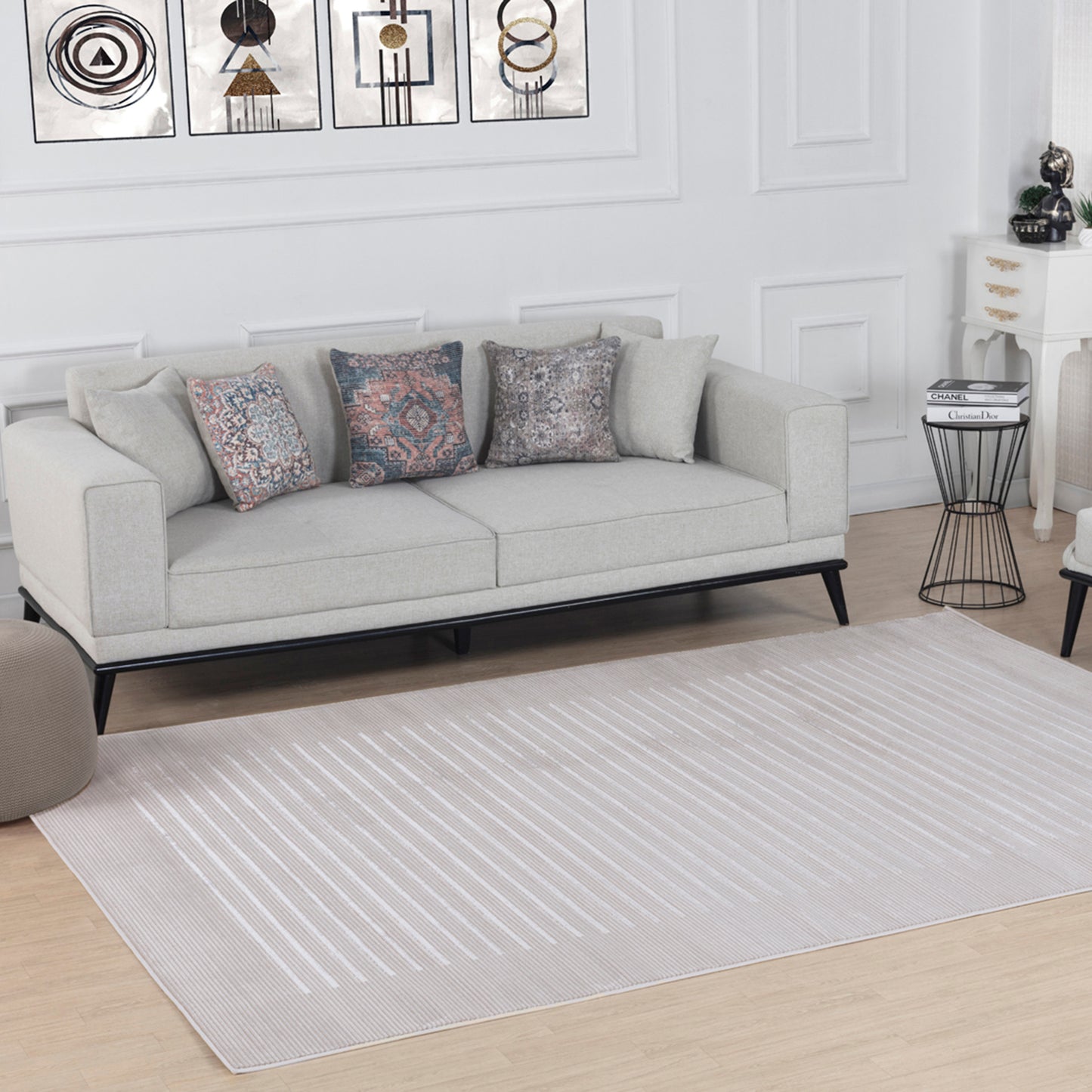 AIYANA Tapis Scandinave Rayé I Tapis Moderne, Salon I Tapis Contemporain, Poils Courts, Doux, Entretien Facile I Beige, Blanc