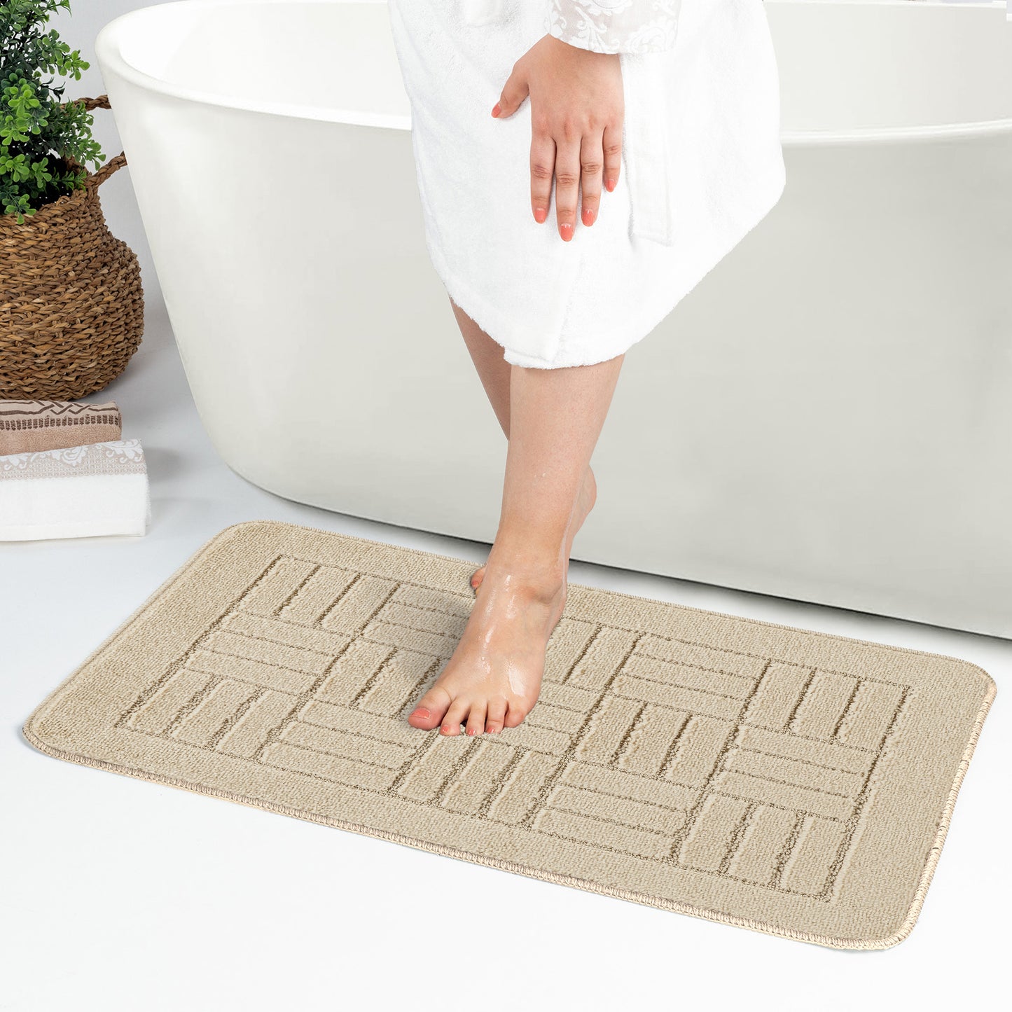 NYRISS Set 2 Tapis Salle de Bain et WC I Tapis Antidérapants, Lavables en Machine, Poils Longs, Doux, Séchage Rapide I Beige Clair