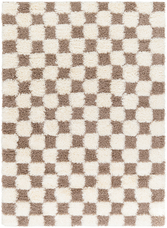 BONDURANT Tapis Shaggy à Carreaux I Tapis Moderne, Salon, Chambre I Tapis à Poils Longs, Doux, Moelleux, Entretien Facile I Marron, Ivoire